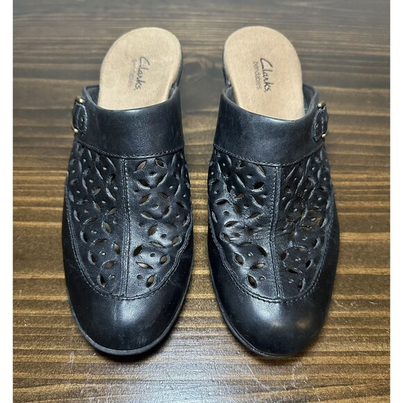Clarks Bendables Mules Clogs Black Leather Lattice Cut Outs Women's 8M - Picture 5 of 11
